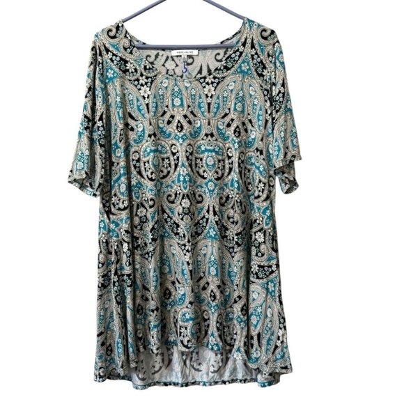 Rose & Olive Women 2X Floral‎ Tunic Top Paisley Colorful Short Sleeve Stretch - Picture 1 of 8